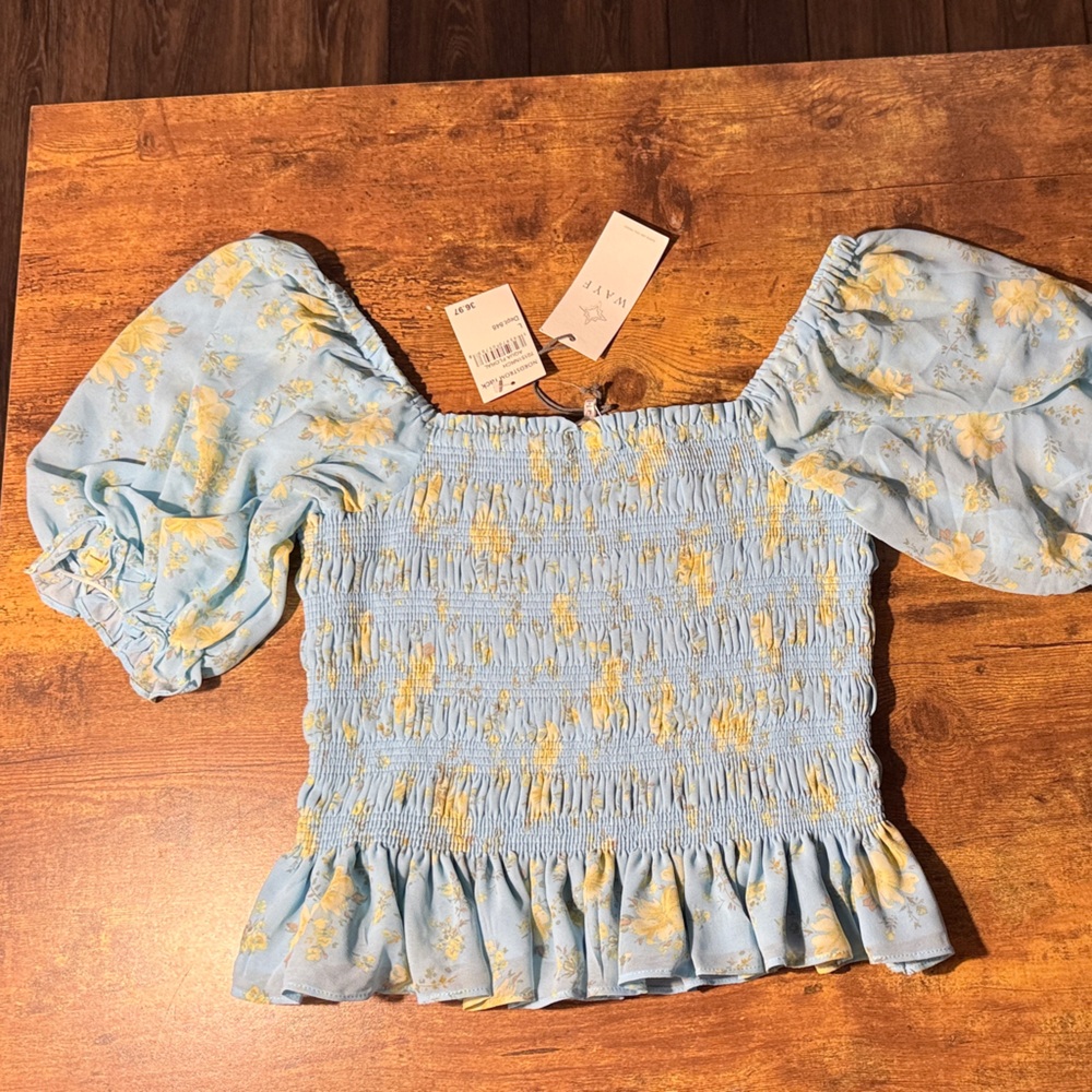 Blue and yellow floral peasant blouse